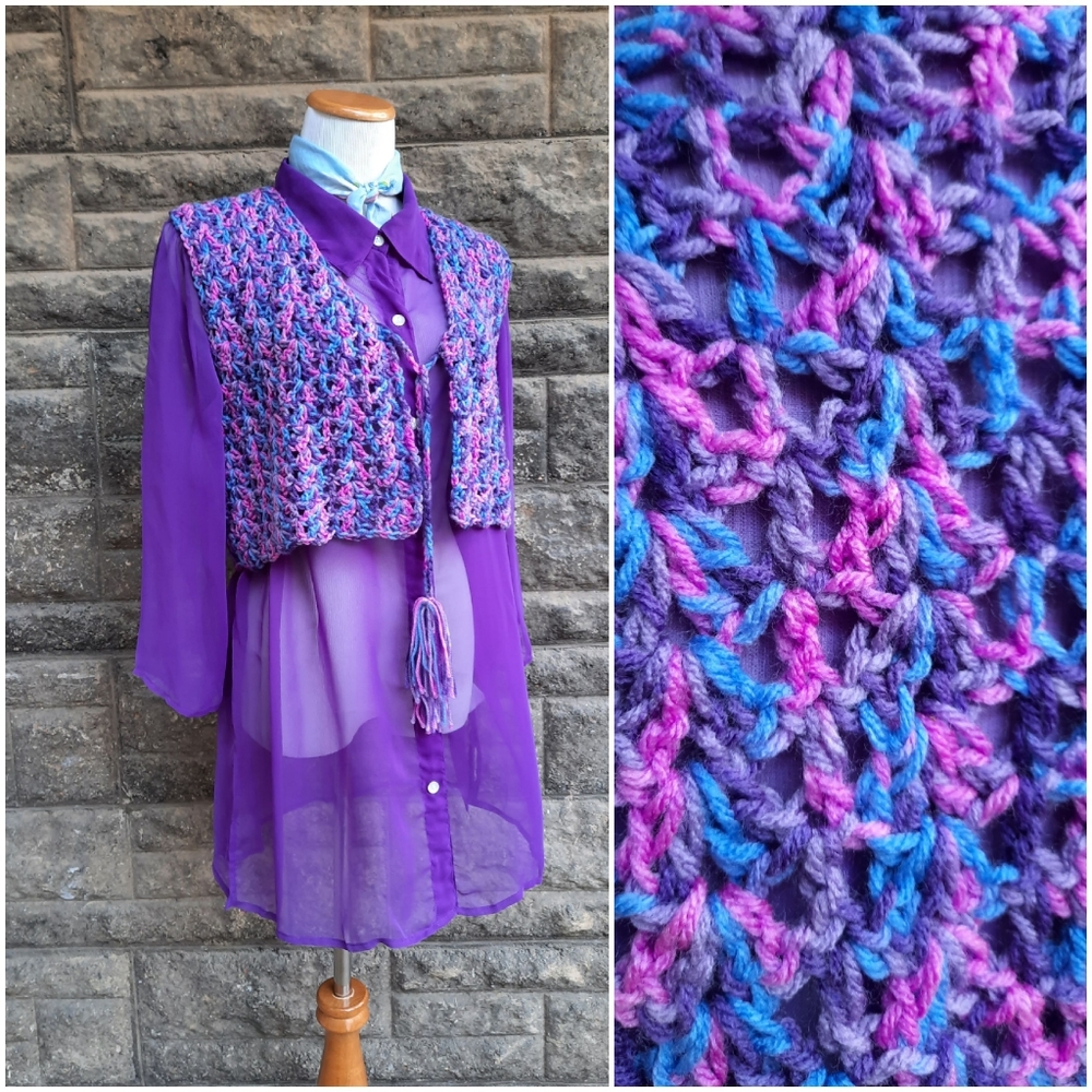 Vintage 60s 70s Crochet Vest w/ Tassel Ties, Pink Purple & Blue Knit, One Size